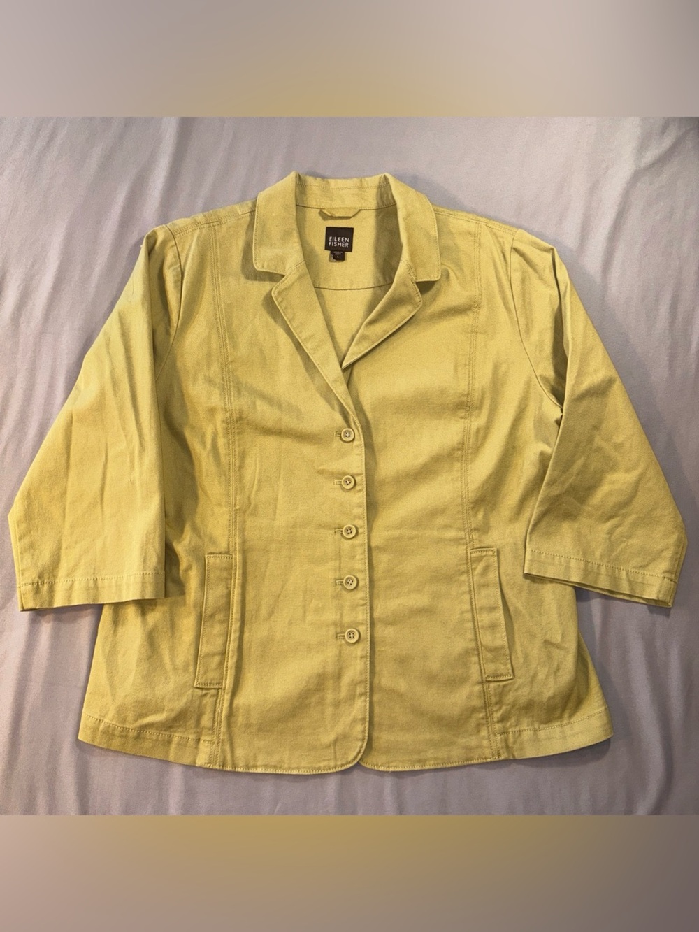 EILEEN FISHER Jacket Organic Cotton Green Button 3/4 Sleeve Sz L Fall Teacher